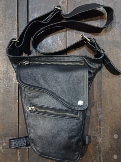 czarna saszetka na pas nogę udo skórzana pistolet długi pasek dla motocyklisty