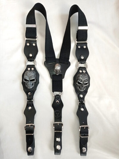 skórzane szelki czarne z czaszkami ręcznie wykonane szerokie mocne żabki do paska (1)