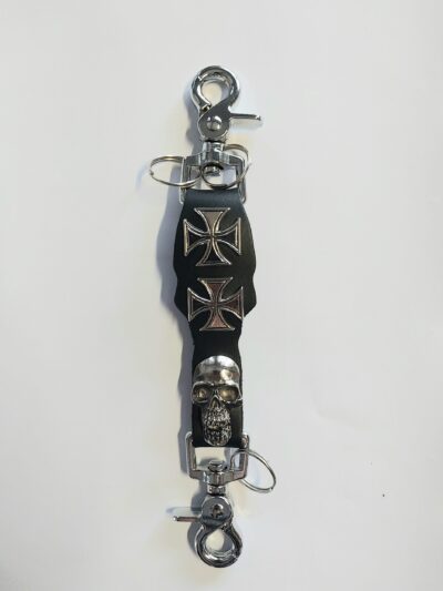 BRELOK SKÓRZANY do kluczy czarny krzyż maltański czaszka