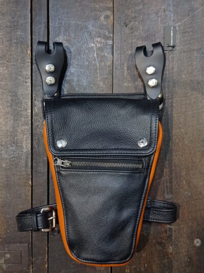 czarno pomarańczowa saszetka na pas nogę udo biodro dla motocyklisty skórzana bojówki