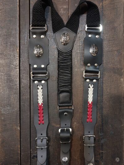 szelki skórzane motocyklowe polska poland czarne biało-czerwone orzeł w koronie