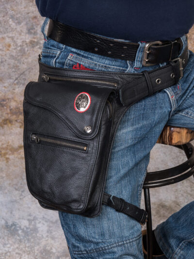 czarna skórzana saszetka na pas biodro nogę dla motocyklisty Polska orzeł w koronie