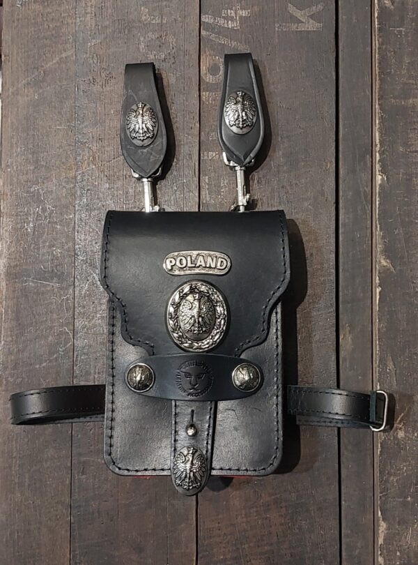 czarna saszetka na pasek orzeł poland w koronie skórzana motocyklowa leather waist bag