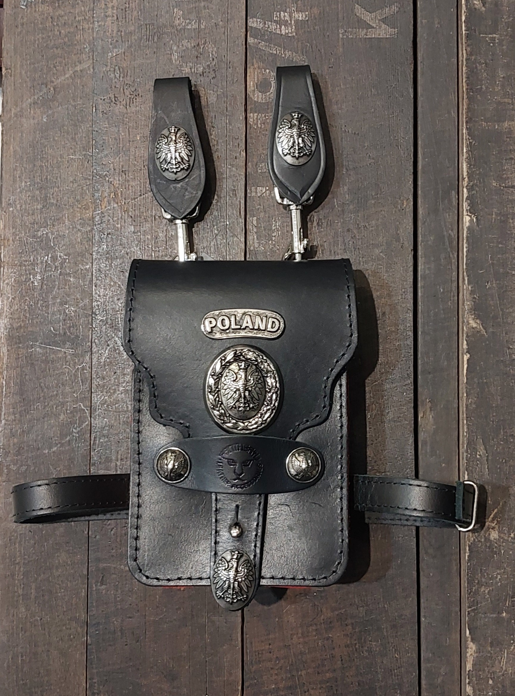 czarna saszetka na pasek orzeł poland w koronie skórzana motocyklowa leather waist bag