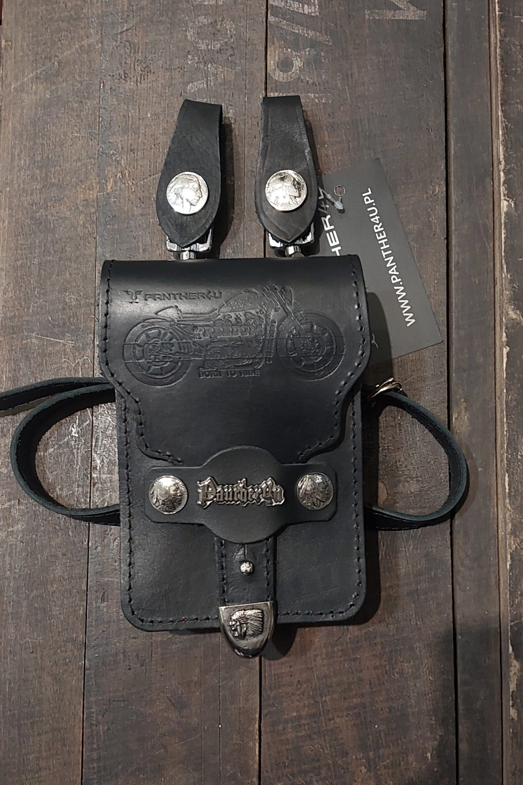 czarna saszetka na pasek panther4u motocykl skórzana motocyklowa leather waist bag