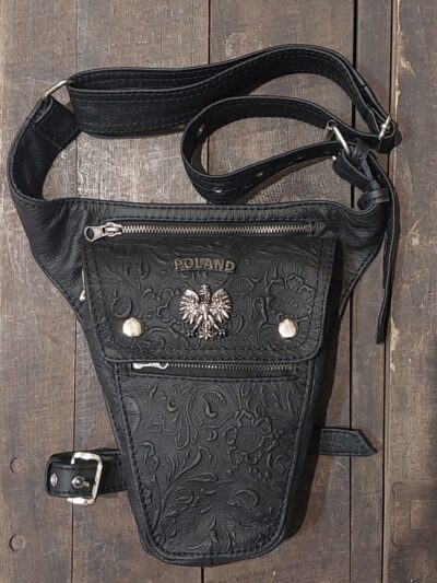 czarna saszetka skórzana biodrowa na nogę motocyklowa orzeł w koronie made in poland