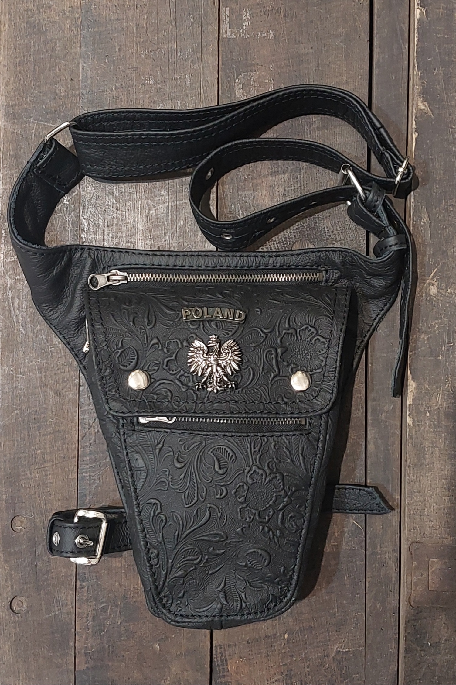 czarna saszetka skórzana biodrowa na nogę motocyklowa orzeł w koronie made in poland