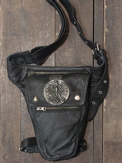 czarna saszetka skórzana biodrowa na nogę motocyklowa orzeł w koronie made in poland polska