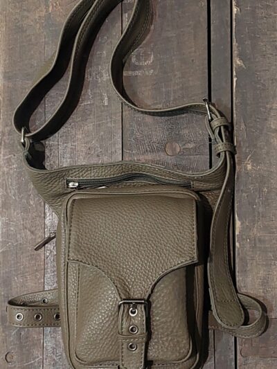 skórzana saszeka motocyklowa na pas biodro nogę khaki moro leather drop bag