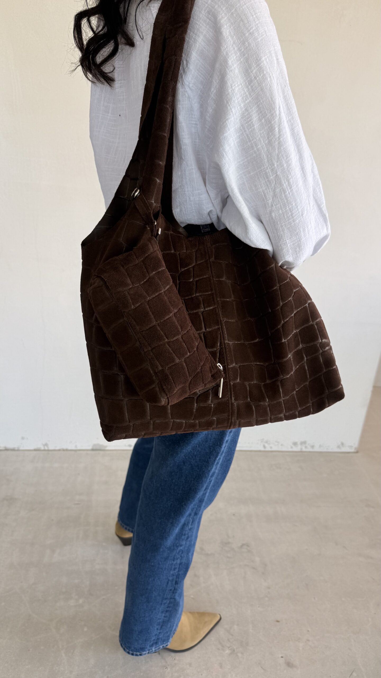 brązowa skórzana torebka zamsz shopper