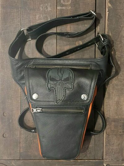 saszetka na udo nogę skórzana czarno pomarańczowa czaszka skull